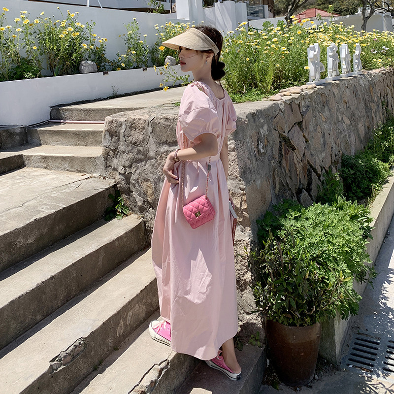 粉色收腰显瘦高端精致连衣裙女2023夏新款法式温柔风初恋气质长裙,女装连衣裙,2C166