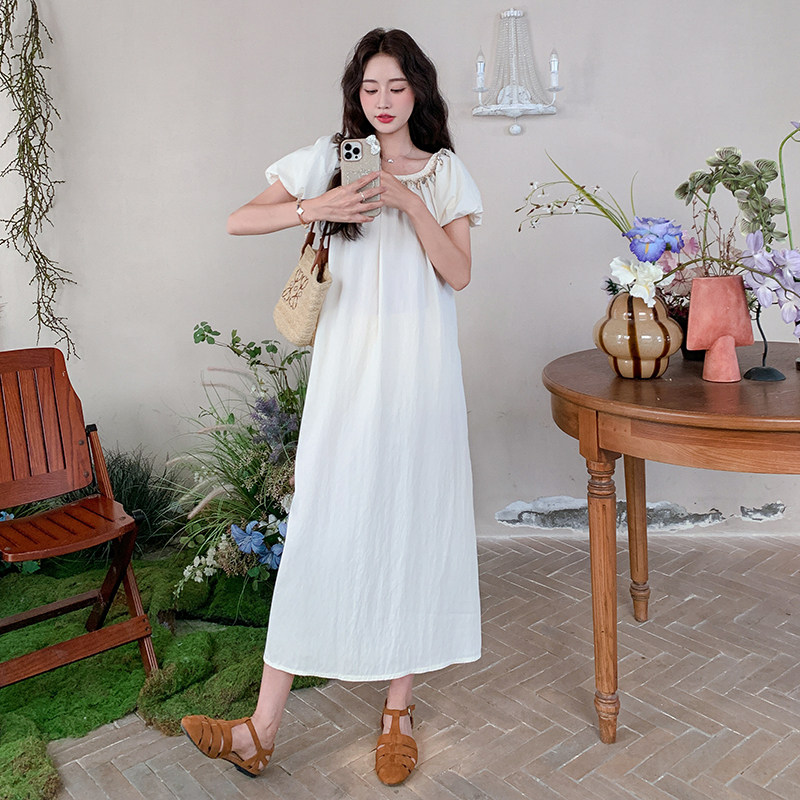 法式白色泡泡袖连衣裙女2025夏季新款温柔风高级感时尚超好看长裙,女装连衣裙,2D078
