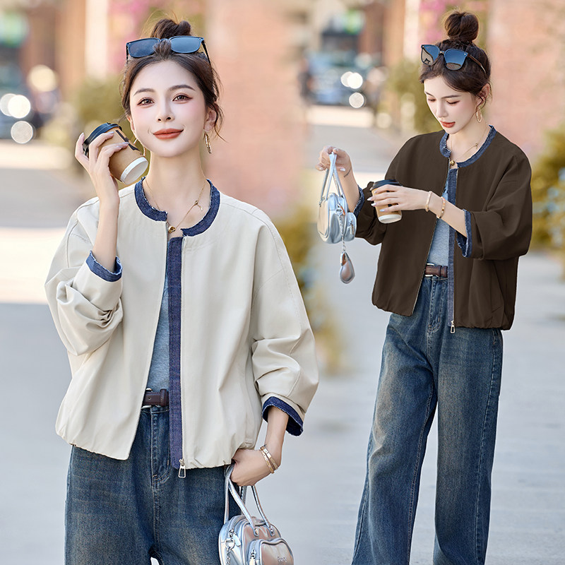 复古牛仔拼接圆领棒球服外套女2025秋季新款宽松休闲短款夹克外套图片