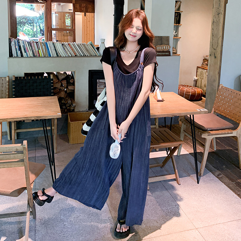 法式复古休闲背带裤T恤套装女2025夏新款慵懒风上衣阔腿裤两件套,女装休闲裤,2D009