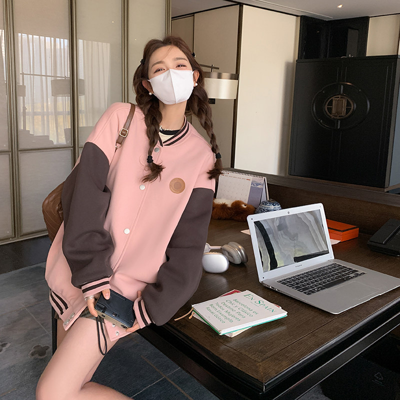 粉色美式复古拼接棒球服短款外套女春秋新款设计感小个子休闲上衣,女装短外套,2C170
