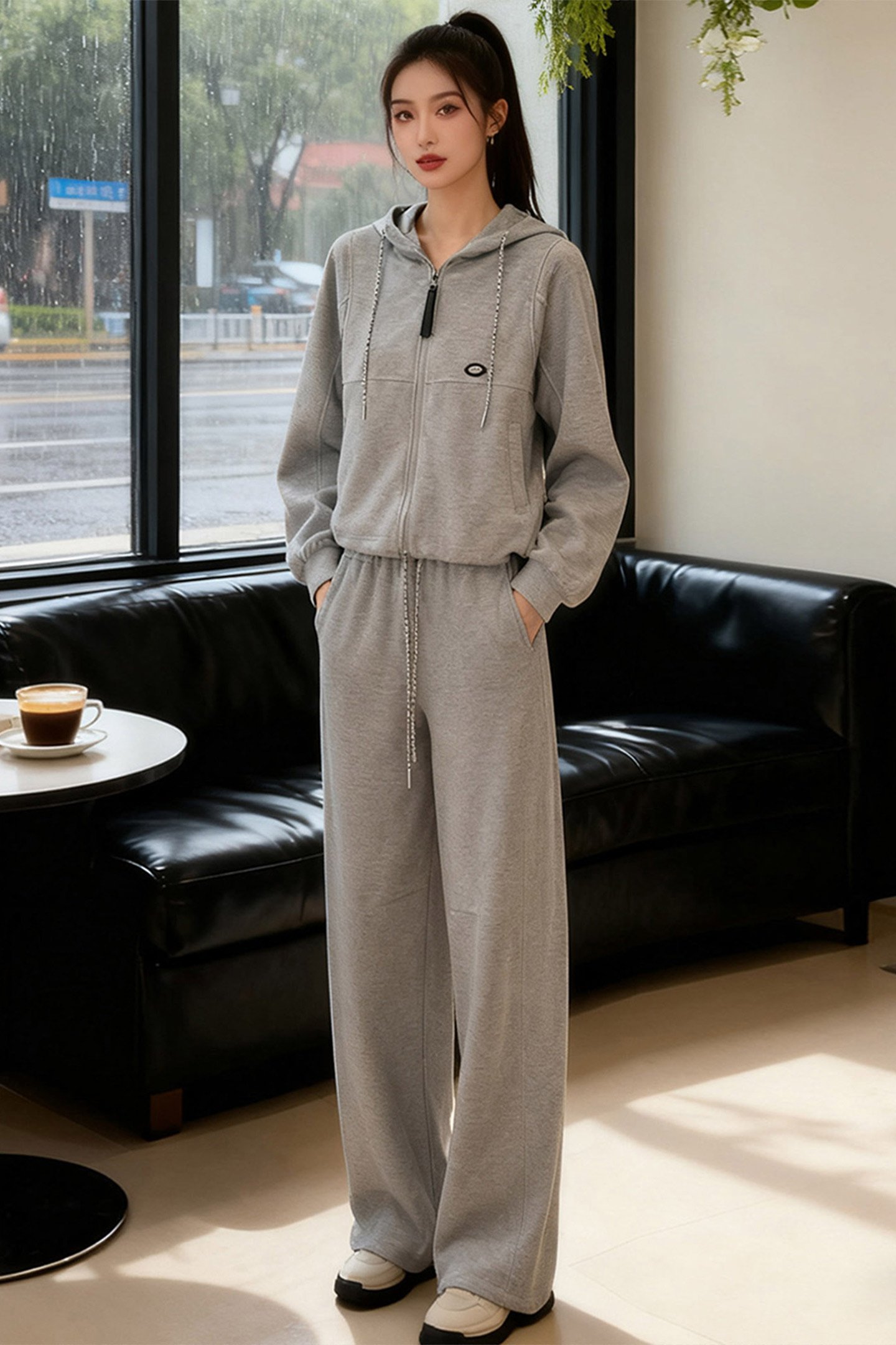设计高级感休闲运动套装女春季新款气质减龄连帽卫衣阔腿裤两件套,女装套装/套裙,2C310