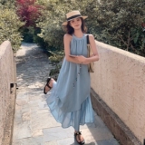 法式海边度假风蓝色连衣裙女2025夏季新款韩系无袖显瘦挂脖长裙子，女装连衣裙，衣珂纱朗