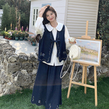 新中式时尚牛仔套装女潮娃娃领衬衫宽松百搭刺绣马甲半身裙三件套，女装套装/套裙，2C218