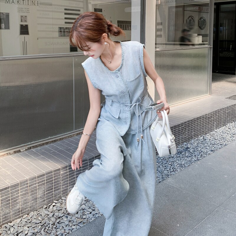 高级松弛感老钱风马甲套装女夏季2025新款薄无袖上衣阔腿裤两件套,女装套装/套裙,2C159