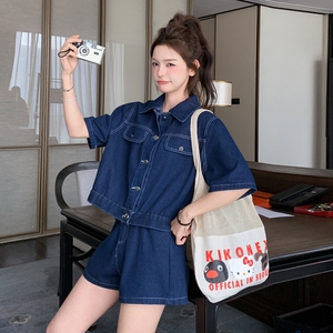 深蓝色小个子穿搭薄款牛仔上衣套装女夏季新款宽松显瘦短裤两件套图片