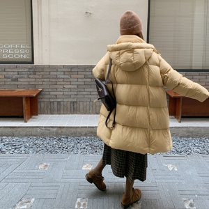 韩系chic黄色连帽羽绒服女冬超火好看高级小众泡芙中长款加厚外套图片
