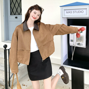 撞色拼接翻领麂皮绒外套女2025年春秋季新款甜酷美拉德风夹克上衣图片