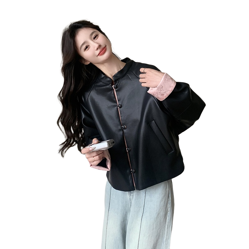 【秋款现货】粉拼黑中式皮衣088-6605p145控198,女装短外套,2C088