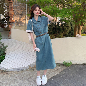 蓝色牛仔连衣裙女2025夏季新款韩系高级感气质收腰polo领衬衫长裙图片