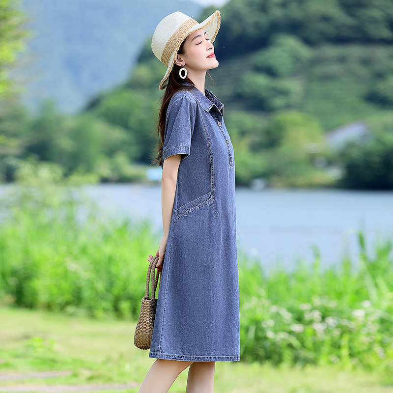 薄款牛仔连衣裙女夏季2025新款短袖休闲复古减龄妈妈遮肚显瘦裙子,女装毛呢外套,新感觉
