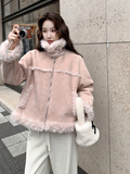 粉色皮毛一体羊羔毛外套女2025冬短款毛领夹克加厚保暖小个子减龄，女装短外套，2C236