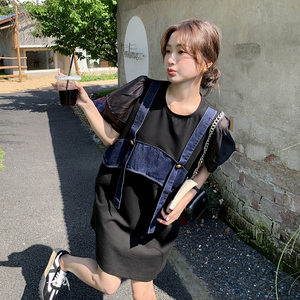 牛仔拼接假两件连衣裙女夏2024新款小众宽松洋气设计感休闲T恤裙图片