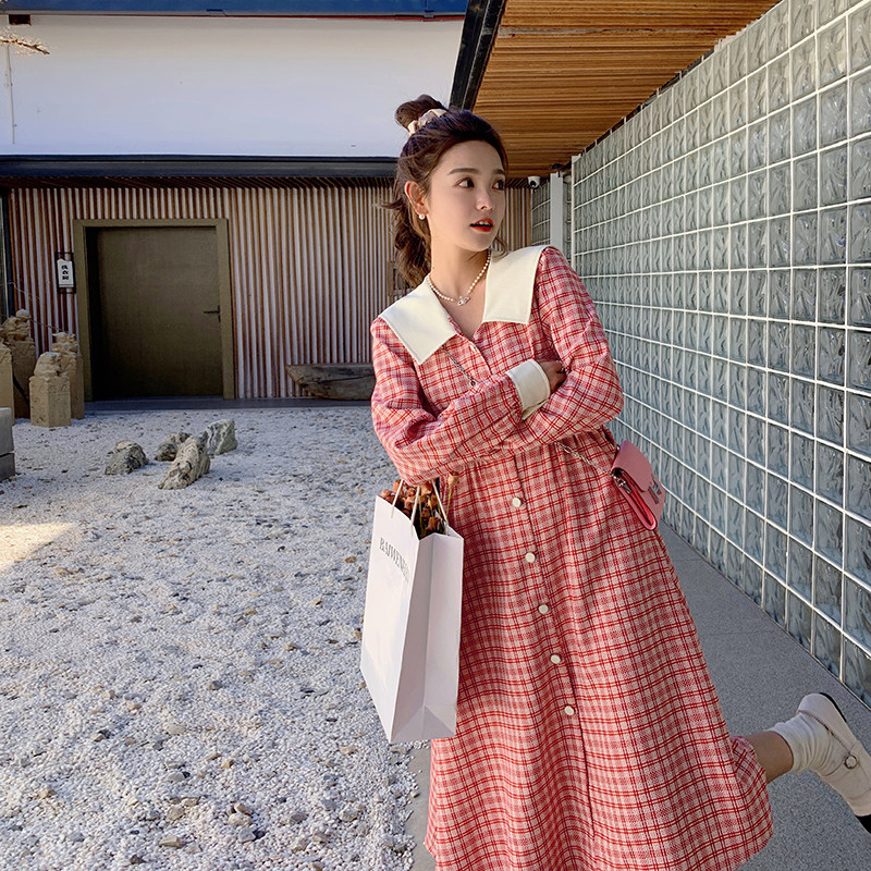 海军领粉色格子连衣裙女2023年春秋新款韩系茶歇法式温柔风长裙子,女装连衣裙,2C110