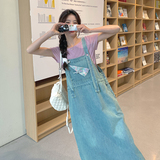 港风复古牛仔背带连衣裙女夏新款可盐可甜宽松显瘦开叉学生长裙，女装套装/套裙，2C280