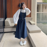 韩系甜美减龄牛仔背带裙套装女学院风衬衫长裙两件套6151P160K238，女装套装/套裙，2C166