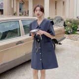 灰色娃娃领连衣裙女2025夏季新款韩版宽松学院风减龄短袖西装裙子，女装连衣裙，2D043