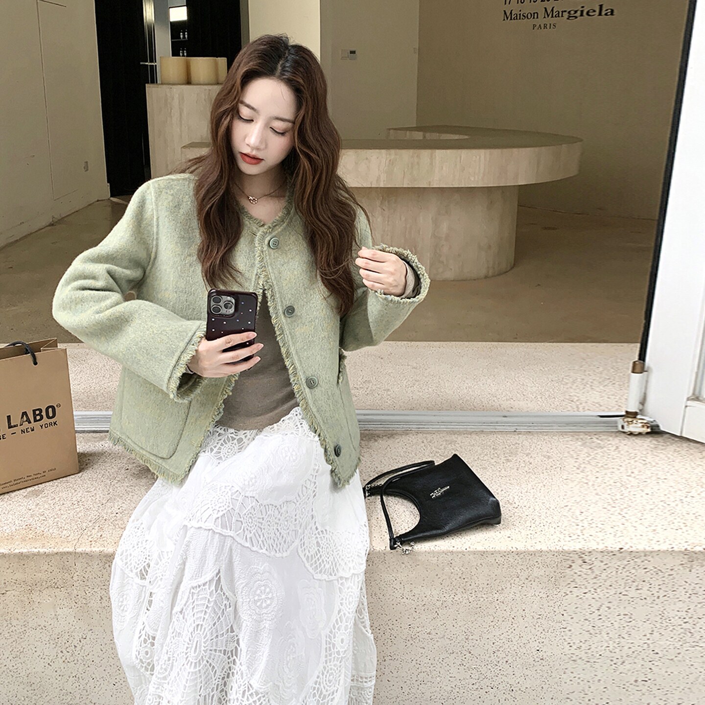 小香风绿色双面呢大衣外套女秋季2025新款小个子巨好看显瘦短款,女装羊绒大衣,2C056