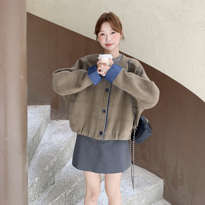 复古拼接格纹毛呢厚外套2025新款女冬小香风巨好看韩系短款呢大衣,女装毛呢外套,2C159