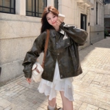 绿色复古皮衣外套女2025秋季新款韩版小个子气质高级感机车服夹克，女装皮衣，2C325