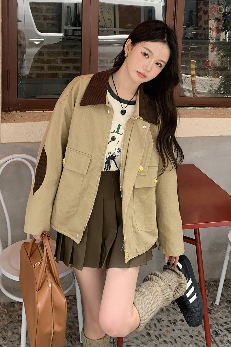 独特超好看卡其色短款夹克外套女春秋2025新款设计感宽松休闲上衣,女装短外套,2C353