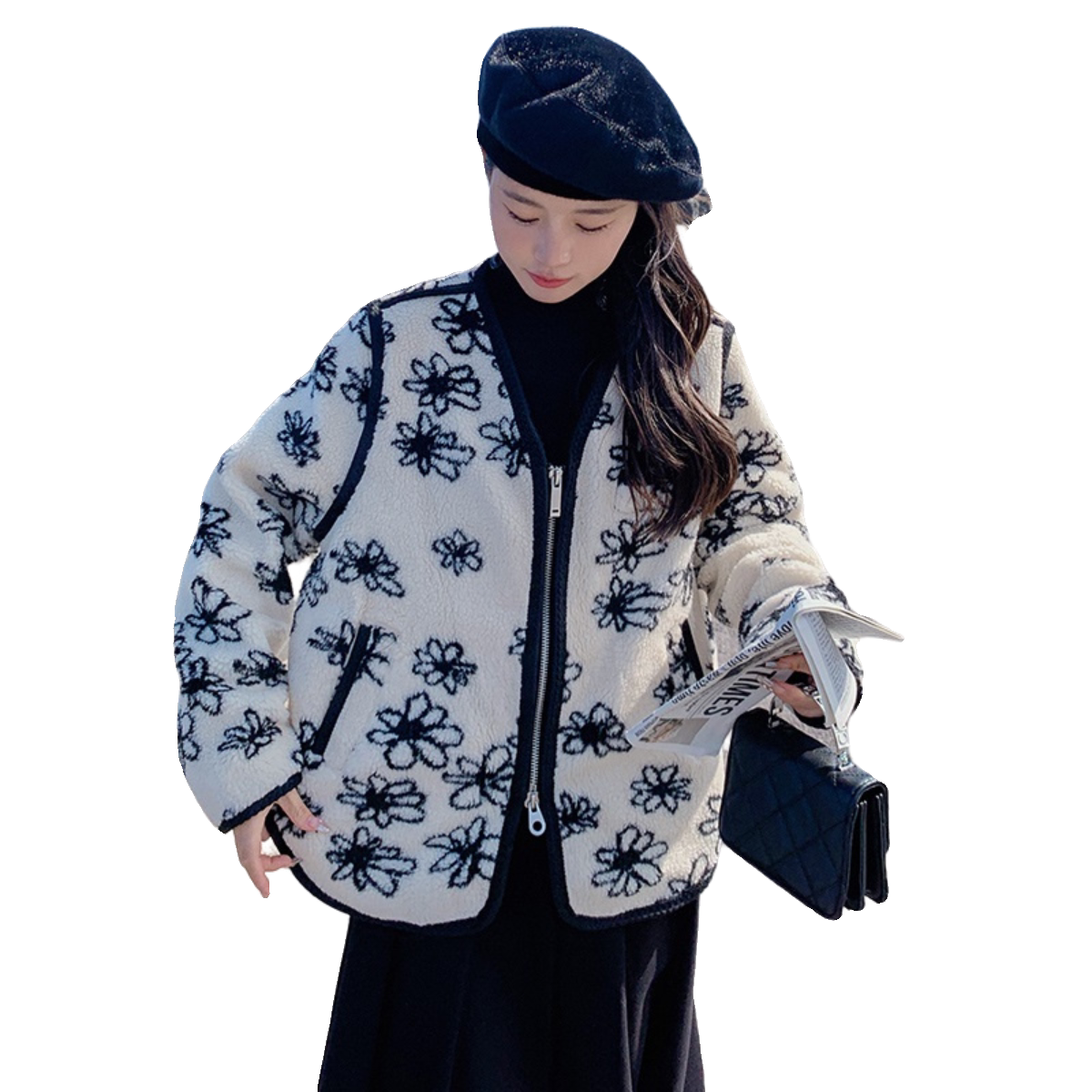 韩版时尚减龄花朵羊羔毛外套女2025冬季新款显瘦保暖加厚棉服棉衣,女装毛呢外套,2C196