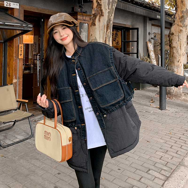 现2025冬装新款牛仔拼接假两件加厚棉服外套2C233-8837-P205-K289,女装棉衣/棉服,2C233