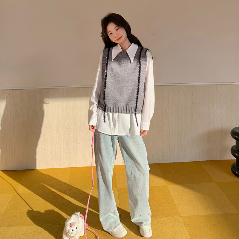 灰色小香风针织马甲套装女春季小个子气质减龄衬衫两件套图片