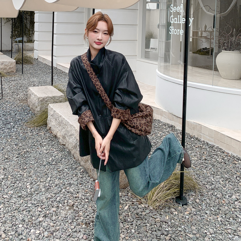 减龄豹纹拼接黑色皮衣外套女秋季2025新款爆款高级感PU夹克巨好看,女装皮衣,2C323
