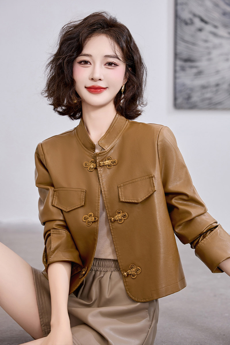 吾爱衣8605款新中式皮衣外套女短款风盘扣洋气减龄机车皮夹克,女装皮衣,吾爱衣