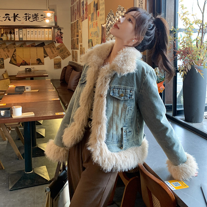 现货牛仔拼接羊卷毛加厚白鸭绒外套2c057-A23-P265-K389,女装羽绒服,2C057
