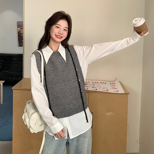 灰色小香风针织马甲套装女春季小个子气质减龄衬衫两件套图片