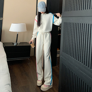 女春季洋气拼接色连帽卫衣直筒卫裤两件套潮图片