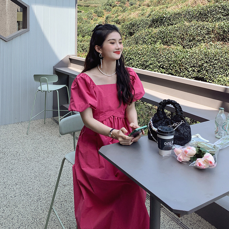 火龙果色方领泡泡袖连衣裙女夏2025新款茶歇法式甜美梨形身材长裙,女装连衣裙,2C112