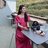 火龙果色方领泡泡袖连衣裙女夏2025新款茶歇法式甜美梨形身材长裙，女装连衣裙，2C112