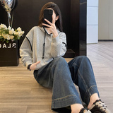 春女新款连帽套头卫衣阔腿牛仔裤减龄两件套，女装套装/套裙，2C310