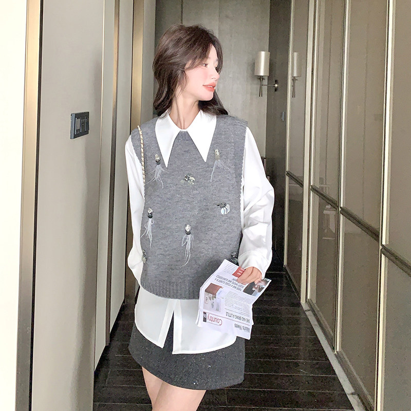 法式少女复古气质长袖衬衫上衣马甲套装女春秋新款时尚两件套,女装套装/套裙,2C166