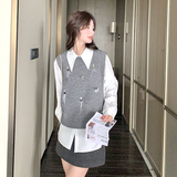 法式少女复古气质长袖衬衫上衣马甲套装女春秋新款时尚两件套，女装套装/套裙，2C166