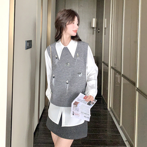 法式少女复古气质长袖衬衫上衣马甲套装女春秋新款时尚两件套图片