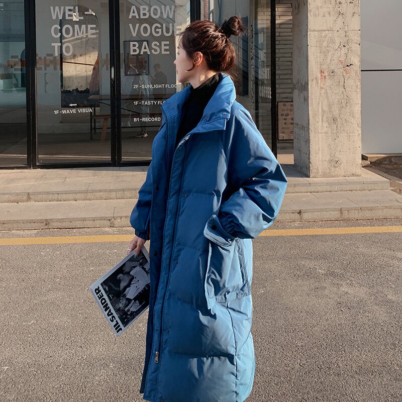 韩系蓝色休闲羽绒棉服女冬超火好看高级小众加厚长款棉衣棉袄外套图片