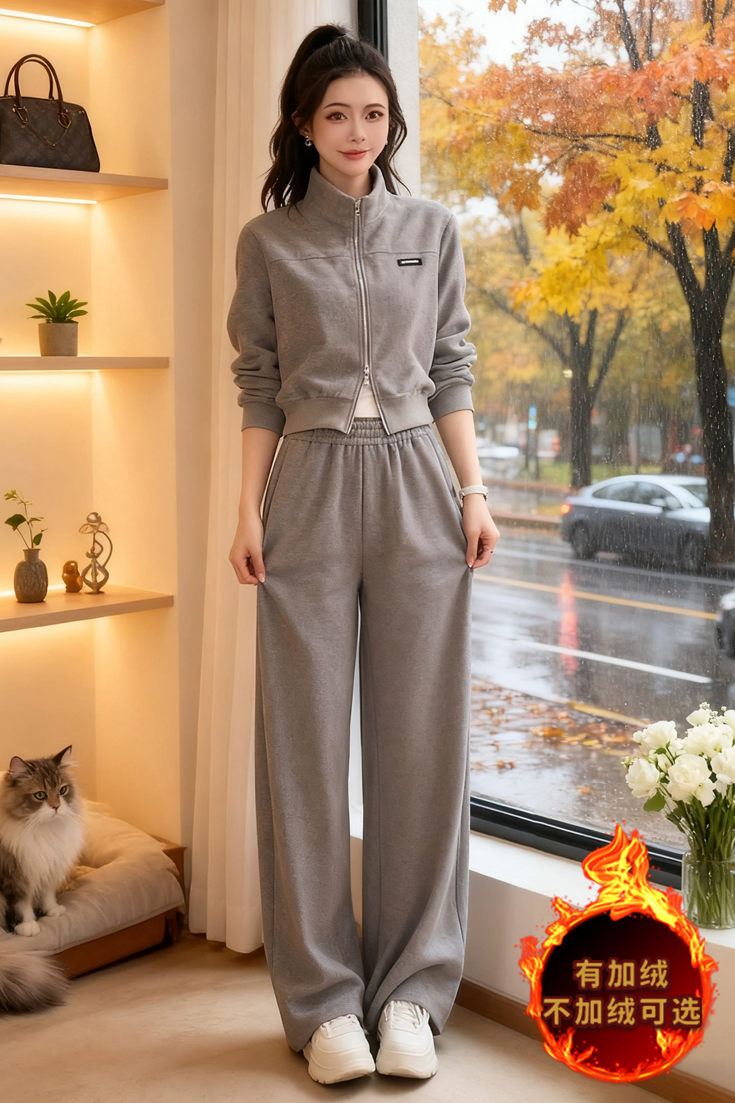 休闲运动套装女秋冬款韩版宽松显瘦双头拉链开衫外套阔腿裤两件套,女装套装/套裙,2C310