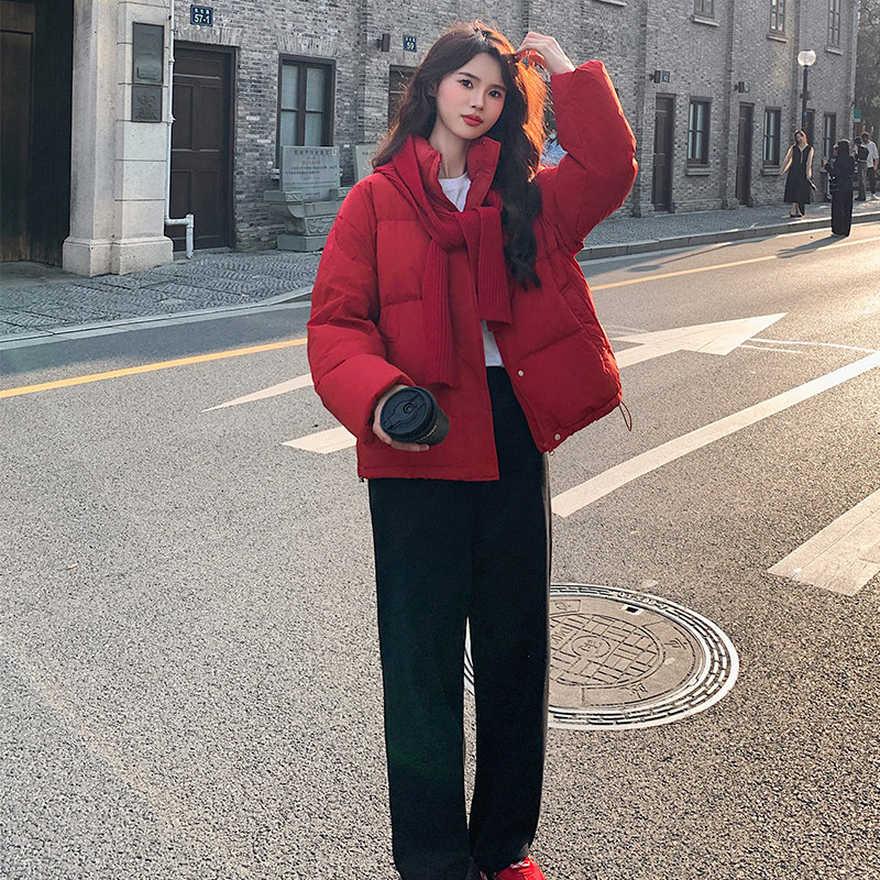韩系短款新年红加厚羽绒服女2025冬季新款显瘦保暖立领白鸭绒外套,女装羽绒服,2C009