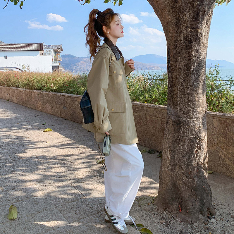 巴恩风拼皮卡其色风衣外套女春秋2025年超火好看高级小众中长大衣,女装短外套,2C291