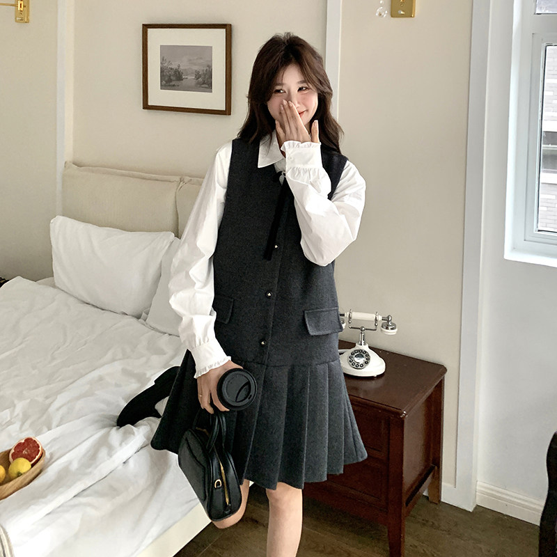 韩系减龄衬衫背心裙套装女春秋连衣裙两件套百褶裙学院风小个子,女装套装/套裙,2C166