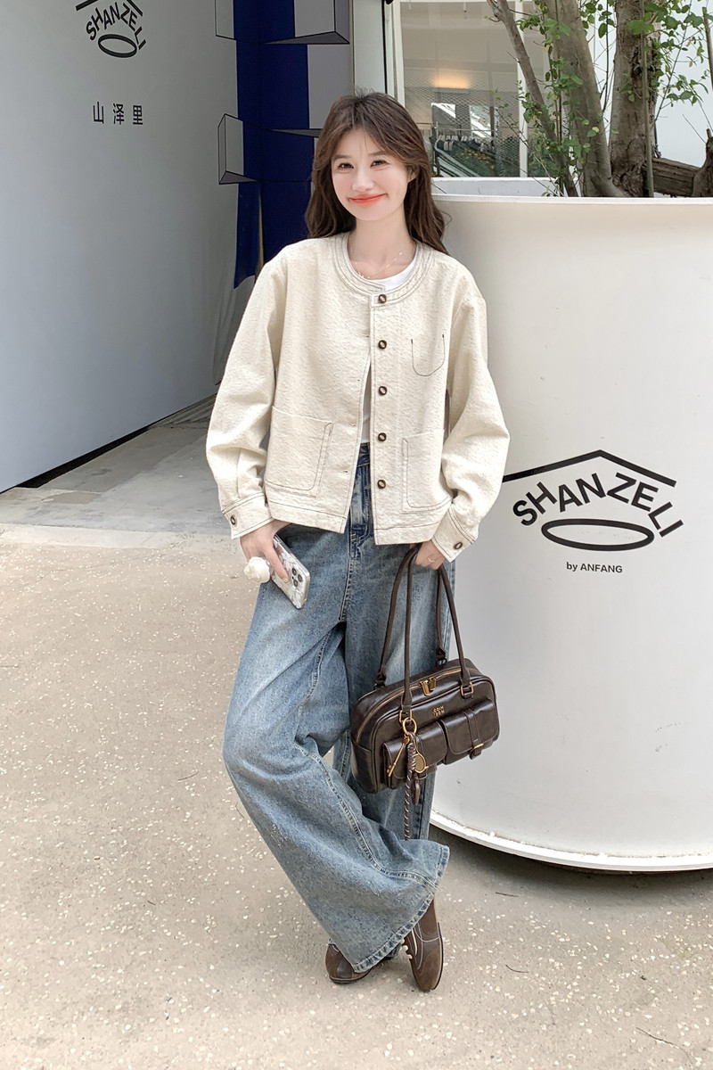 设计感复古显瘦圆领短外套女2025春秋季新款韩版宽松休闲夹克上衣,女装短外套,2C218