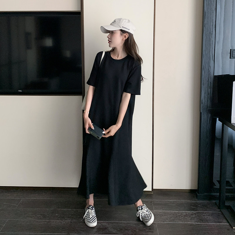 黑色短袖连衣裙女2025夏季新款今年流行宽松显瘦纸片人中长款裙子,女装连衣裙,2D043