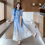蓝色格子休闲套装裙女2025年夏季新款巨好看网纱拼接半身裙两件套，女装套装/套裙，2C117