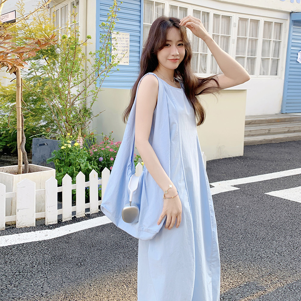 蓝色韩系简约休闲无袖连衣裙女2025夏季新款时尚松弛感时髦背心裙,女装连衣裙,2C135