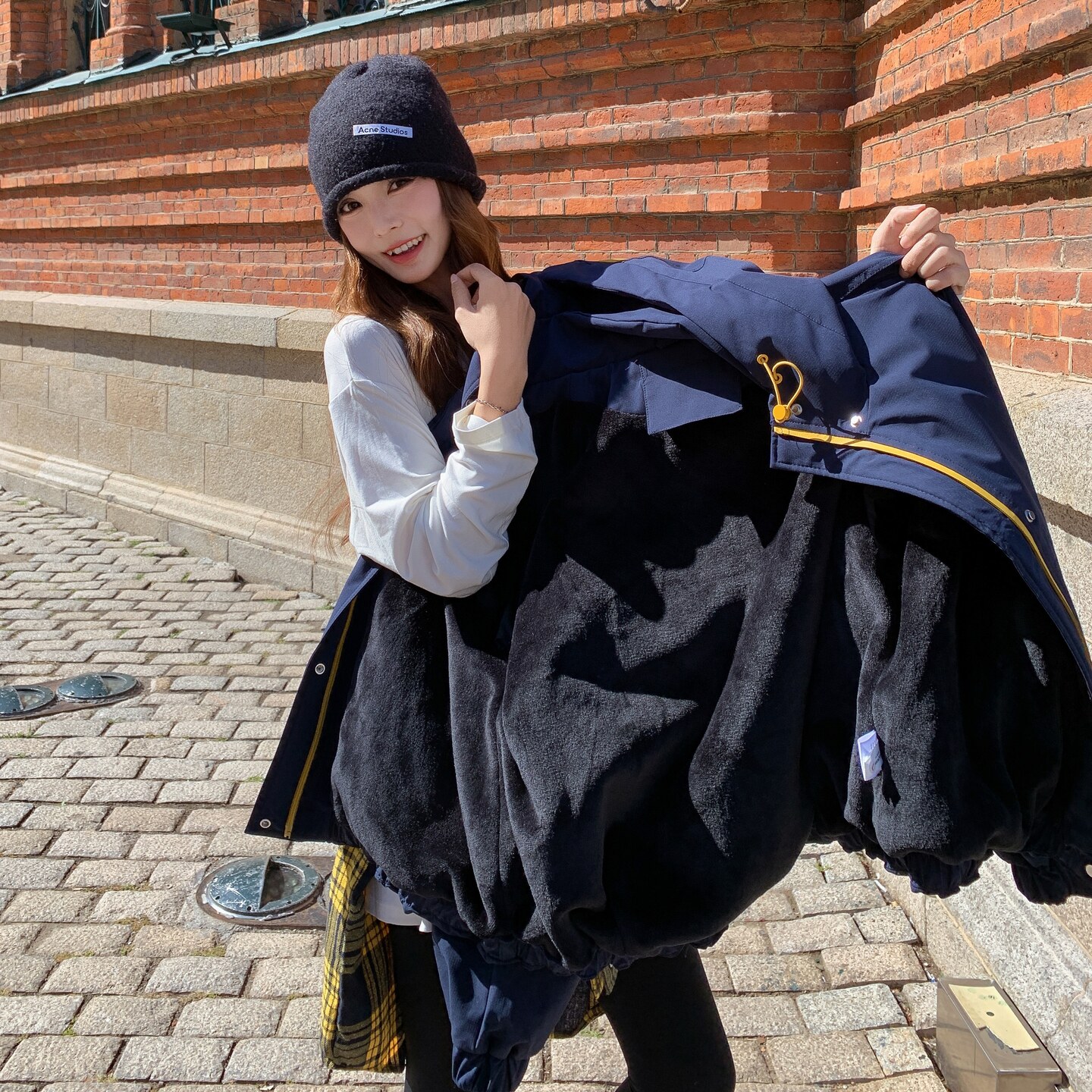 藏青色撞色连帽冲锋衣外套女2025冬新款学院风小个子加绒加厚棉服,女装派克服,2C218