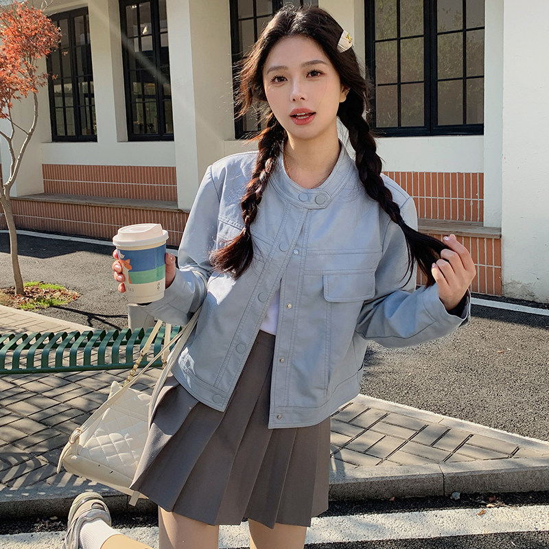 韩版休闲立领PU皮衣外套女2025春秋季新款设计感炸街显瘦夹克上衣,女装皮衣,2C233